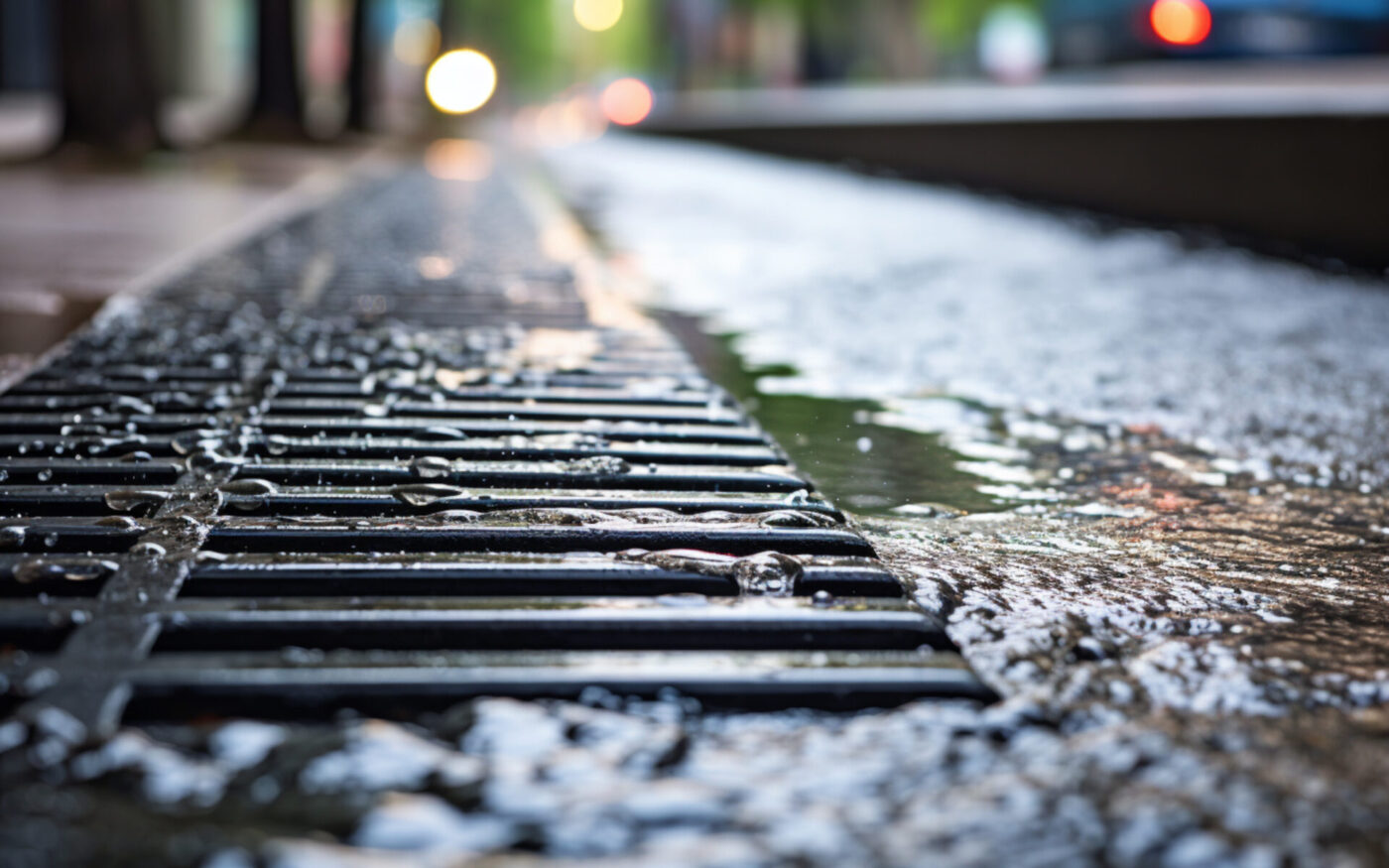 Close-up of a storm drain on a city street during the rain. Storm sewer during a downpour